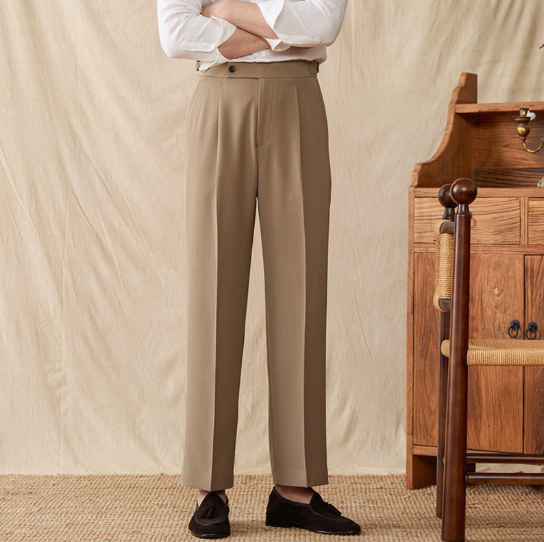 City Cotton Blend Pleated Straight Fit Trousers
