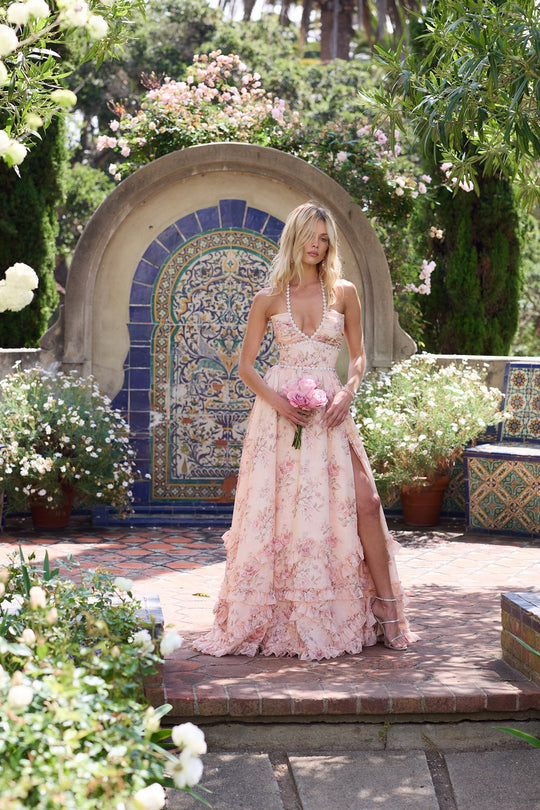 Lucette - Robe en tissu tapis pêche