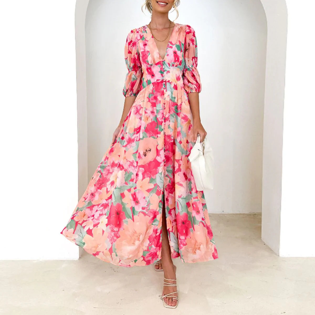 Oriella – Robe maxi élégante rose poudré