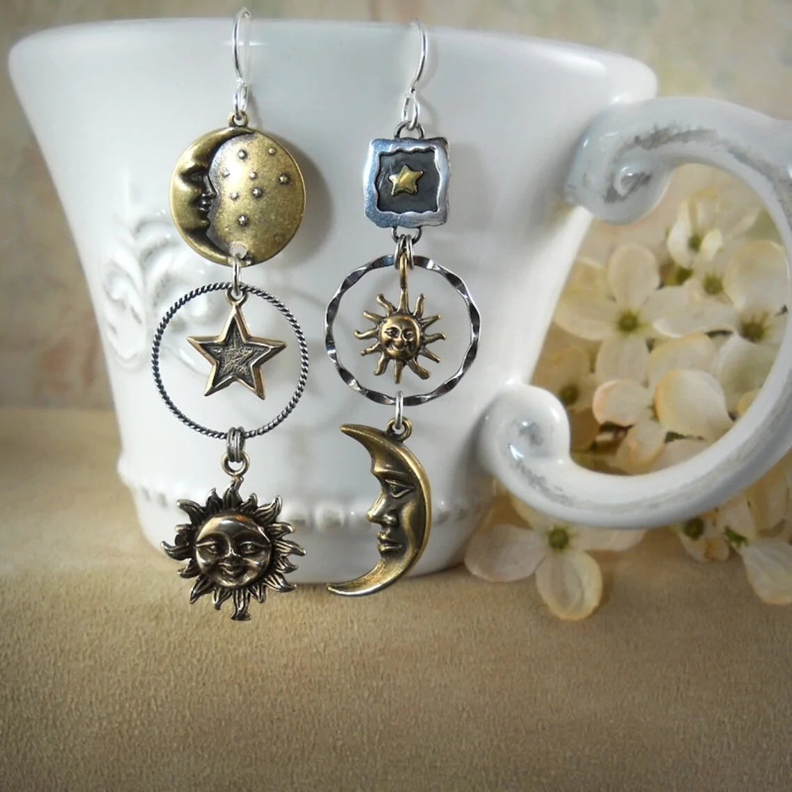 Solunéa – Boucles d’oreilles "Soleil, Lune, Étoiles"