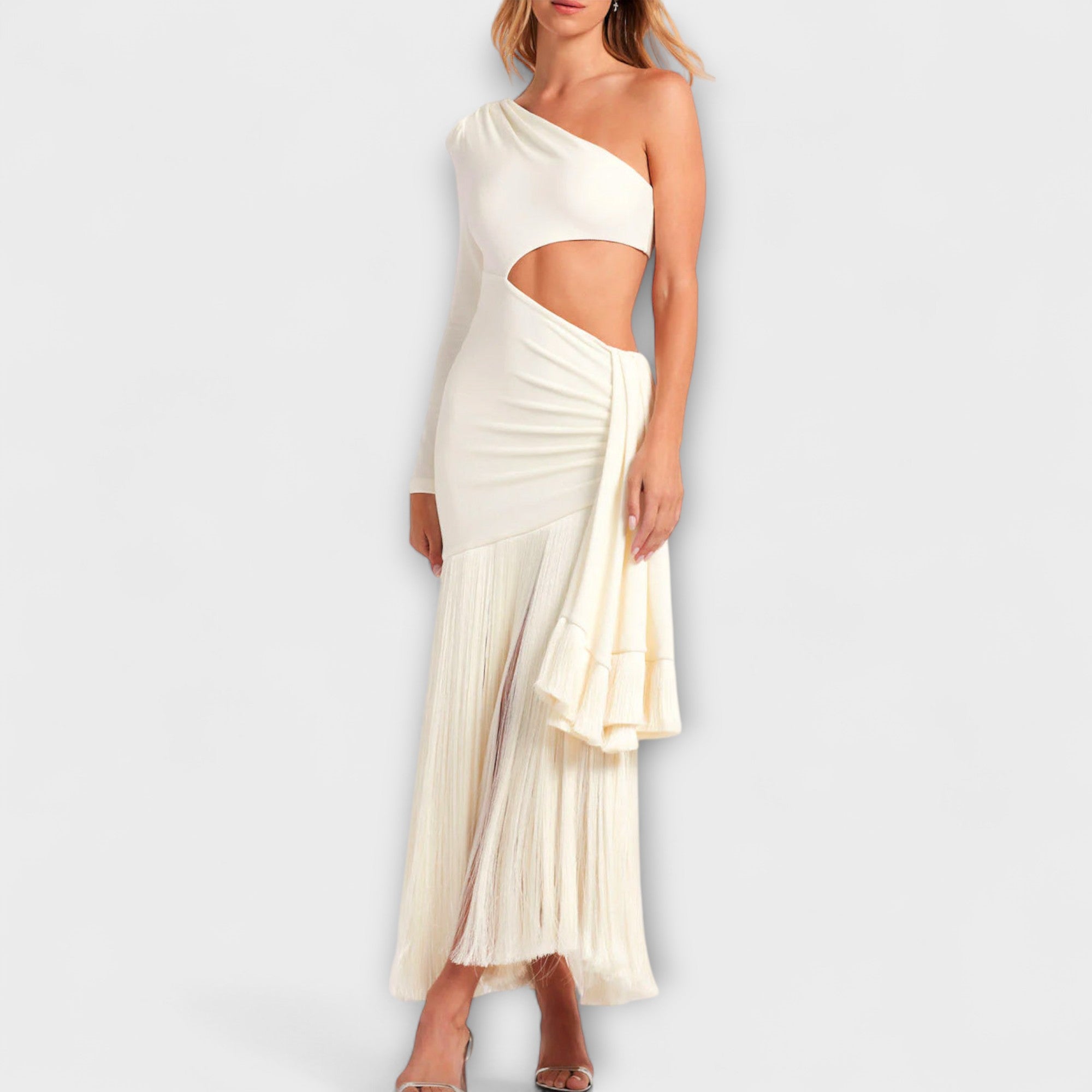 Aurélie – Robe maxi à franges et découpes