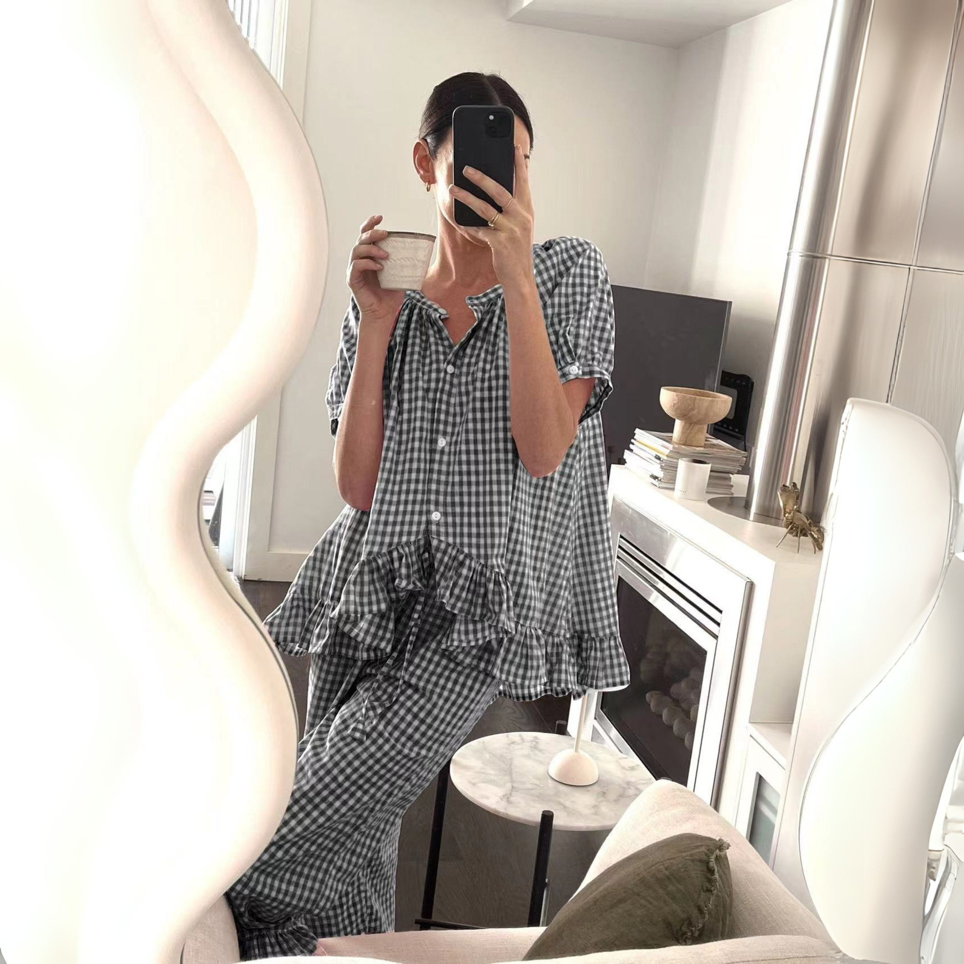 Delia - Ensemble top à manches bouffantes et pantalon à carreaux