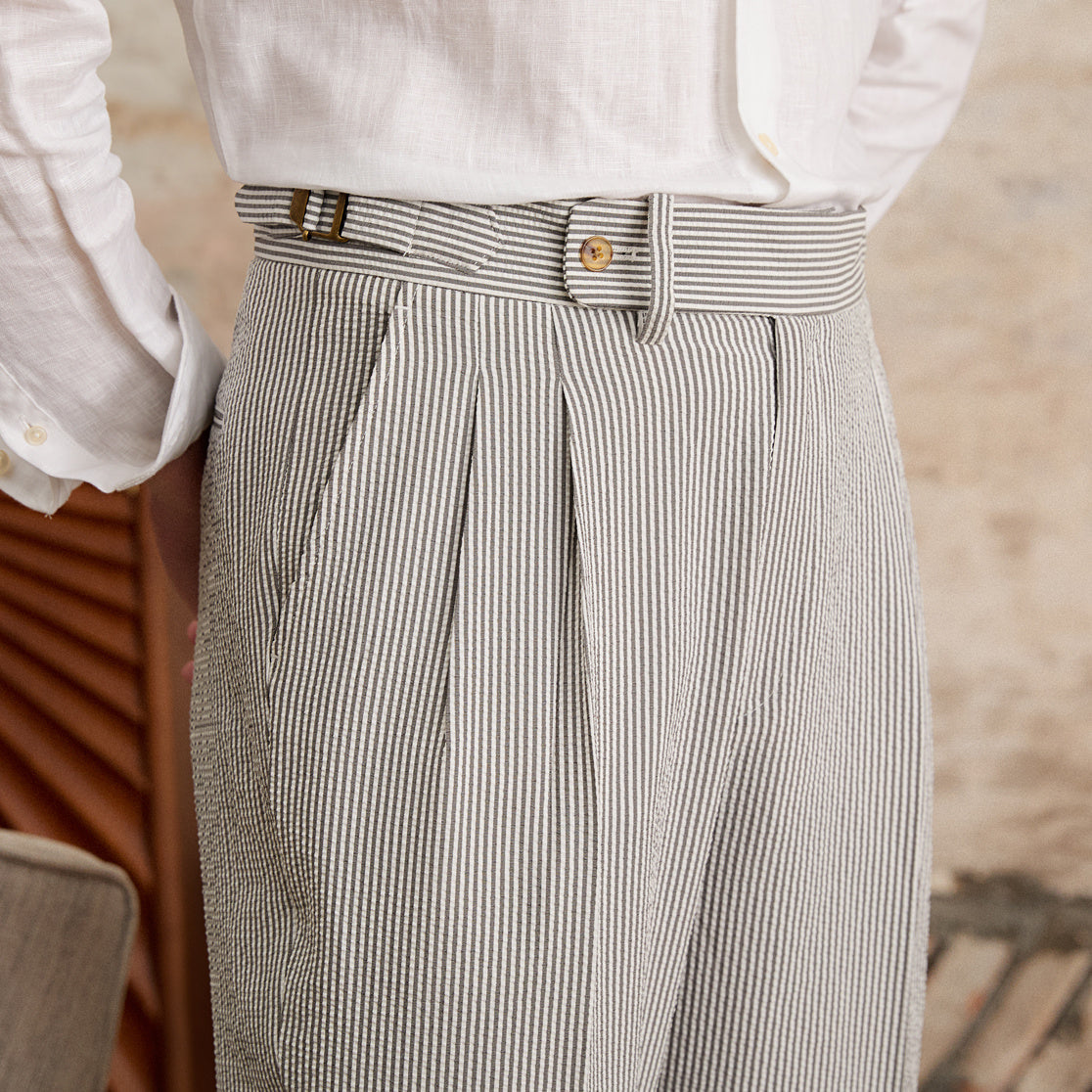 Cannes Seersucker Double Pleated Straight Fit Trousers