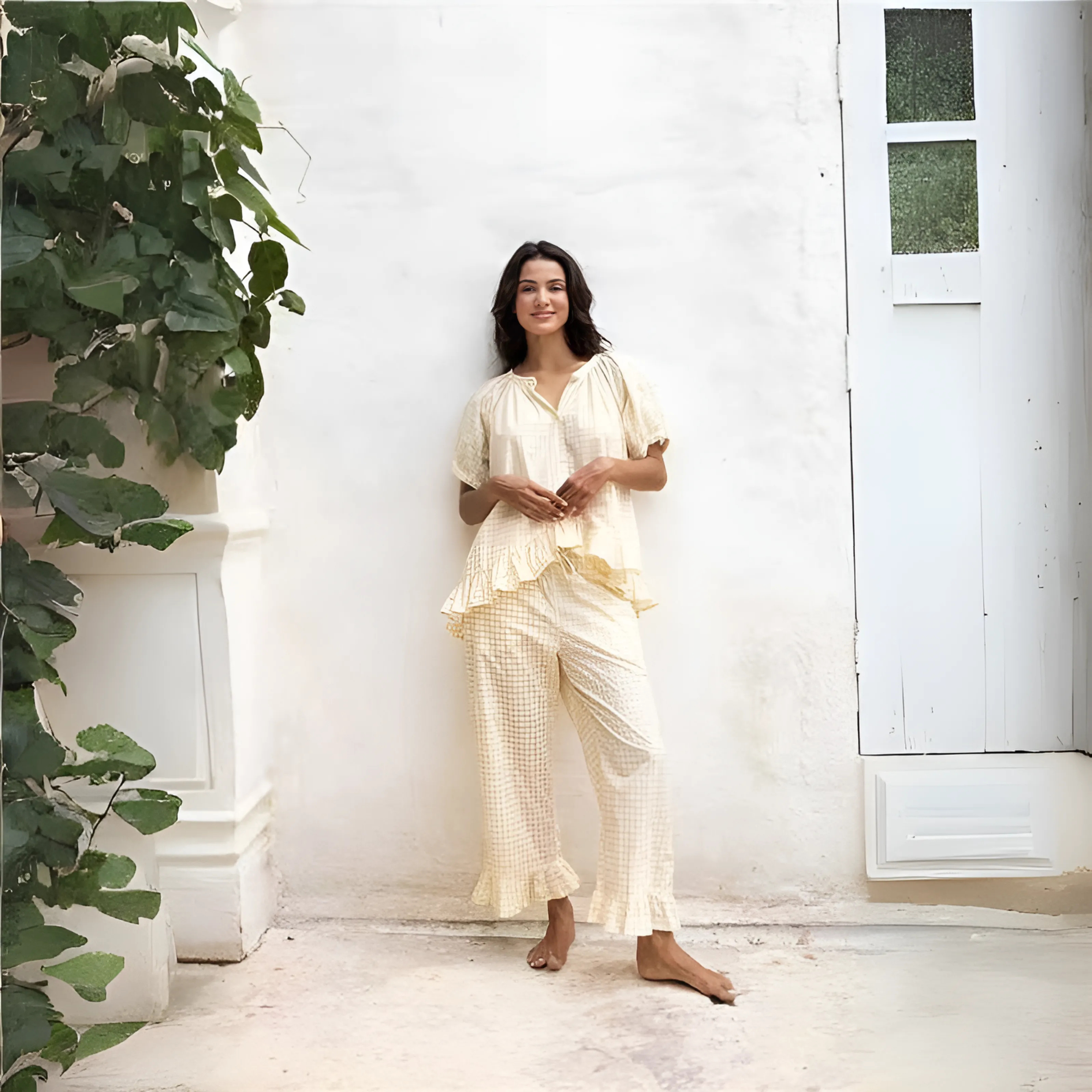 Delia - Ensemble top à manches bouffantes et pantalon à carreaux