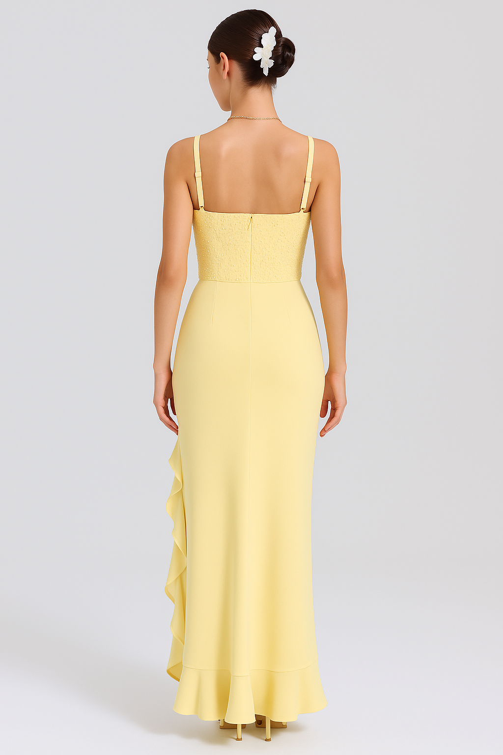 Amandine – Robe midi satinée à volants