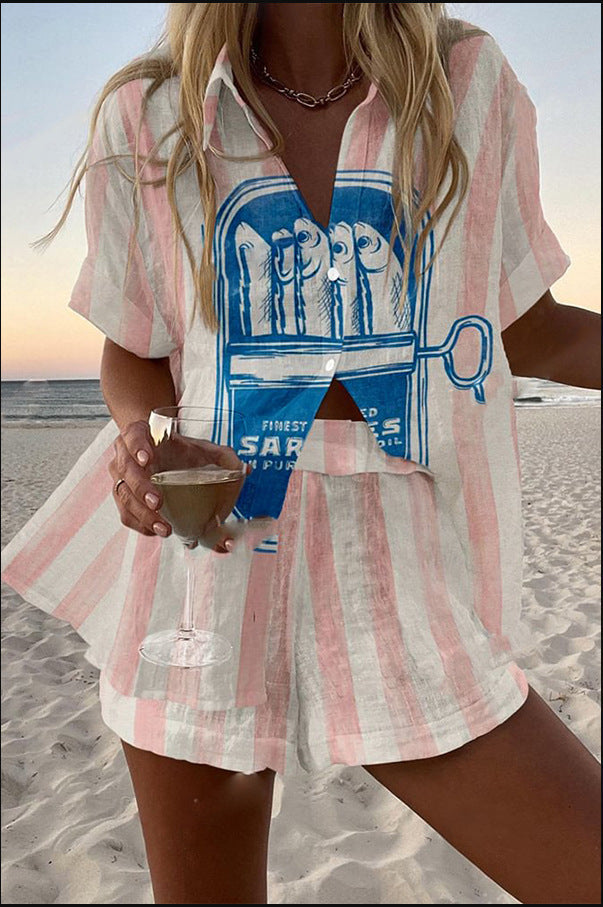 Marélune – Ensemble court en lin à imprimé de sardines