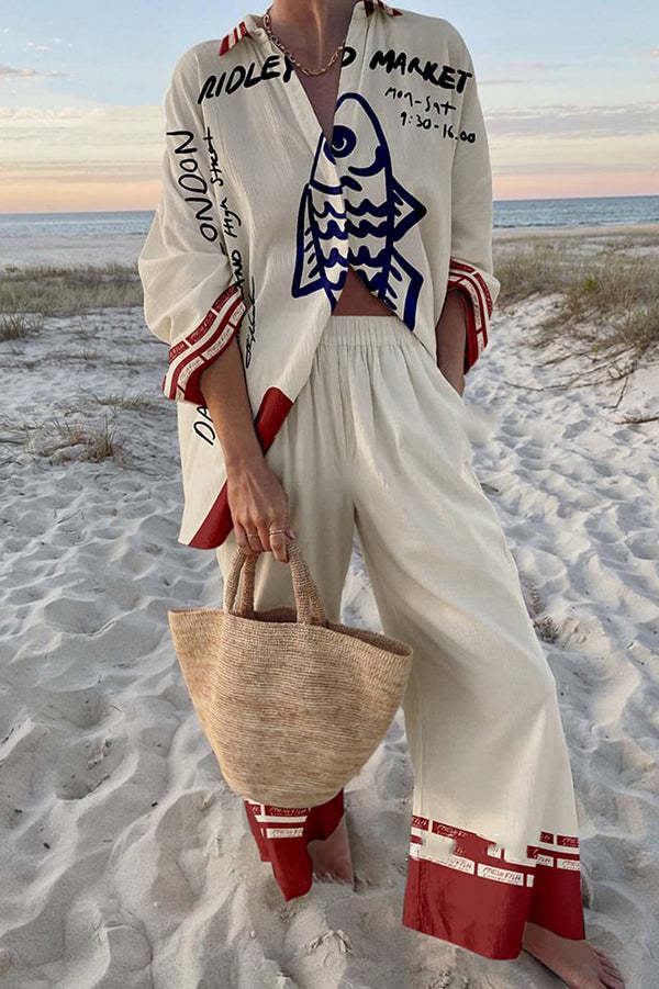 Solvianne - Ensemble en lin à imprimé poisson bleu