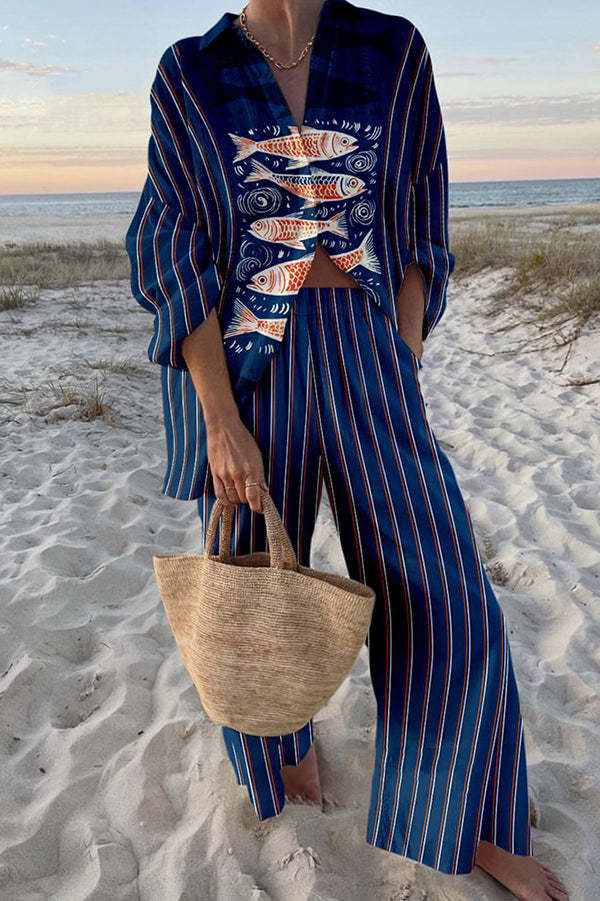 Avelyne - Ensemble en lin à imprimé carpe koï bleue