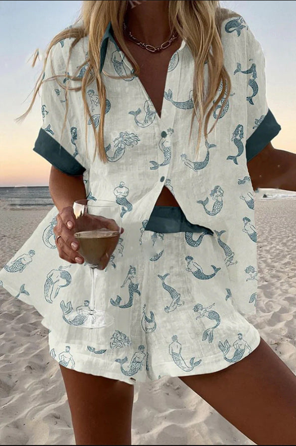 Sirélya - Ensemble court en lin avec imprimé sirène