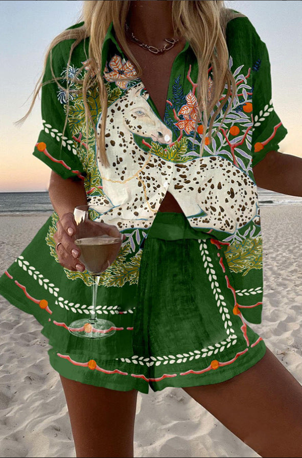 Équinoa - Ensemble court en lin avec imprimé chevaux