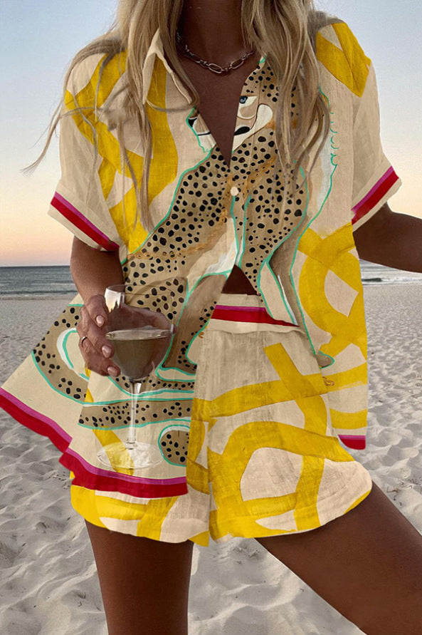 Savéna – Ensemble court en lin à imprimé guépard