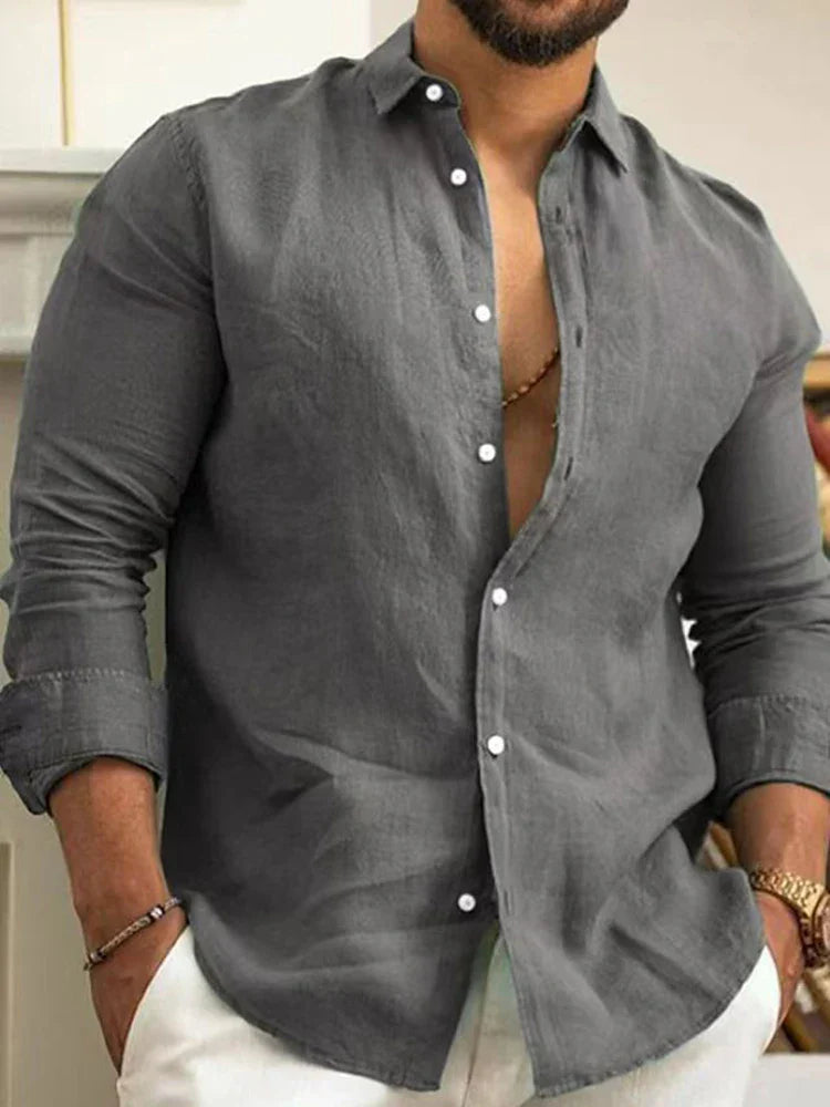 Nantes™ - Chemise unie en coton et lin de couleur unie pour hommes, boutonnée classique