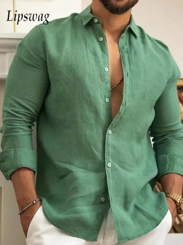 Nantes™ - Chemise unie en coton et lin de couleur unie pour hommes, boutonnée classique