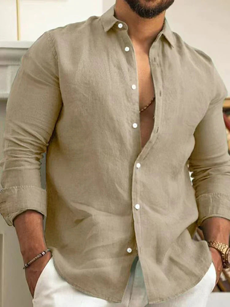 Nantes™ - Chemise unie en coton et lin de couleur unie pour hommes, boutonnée classique