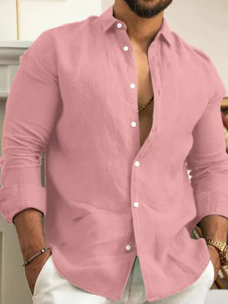 Nantes™ - Chemise unie en coton et lin de couleur unie pour hommes, boutonnée classique