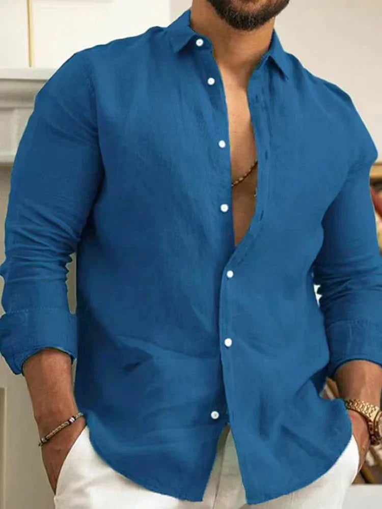Nantes™ - Chemise unie en coton et lin de couleur unie pour hommes, boutonnée classique
