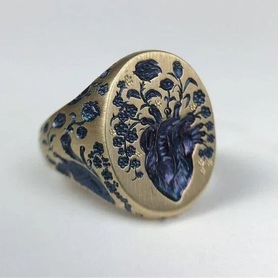Azphine – Bague vintage dorée avec motif de fleurs bleues