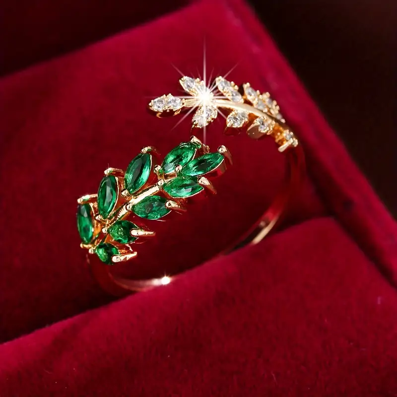 Verdalys – Bague ouverte avec feuilles vertes en zirconia