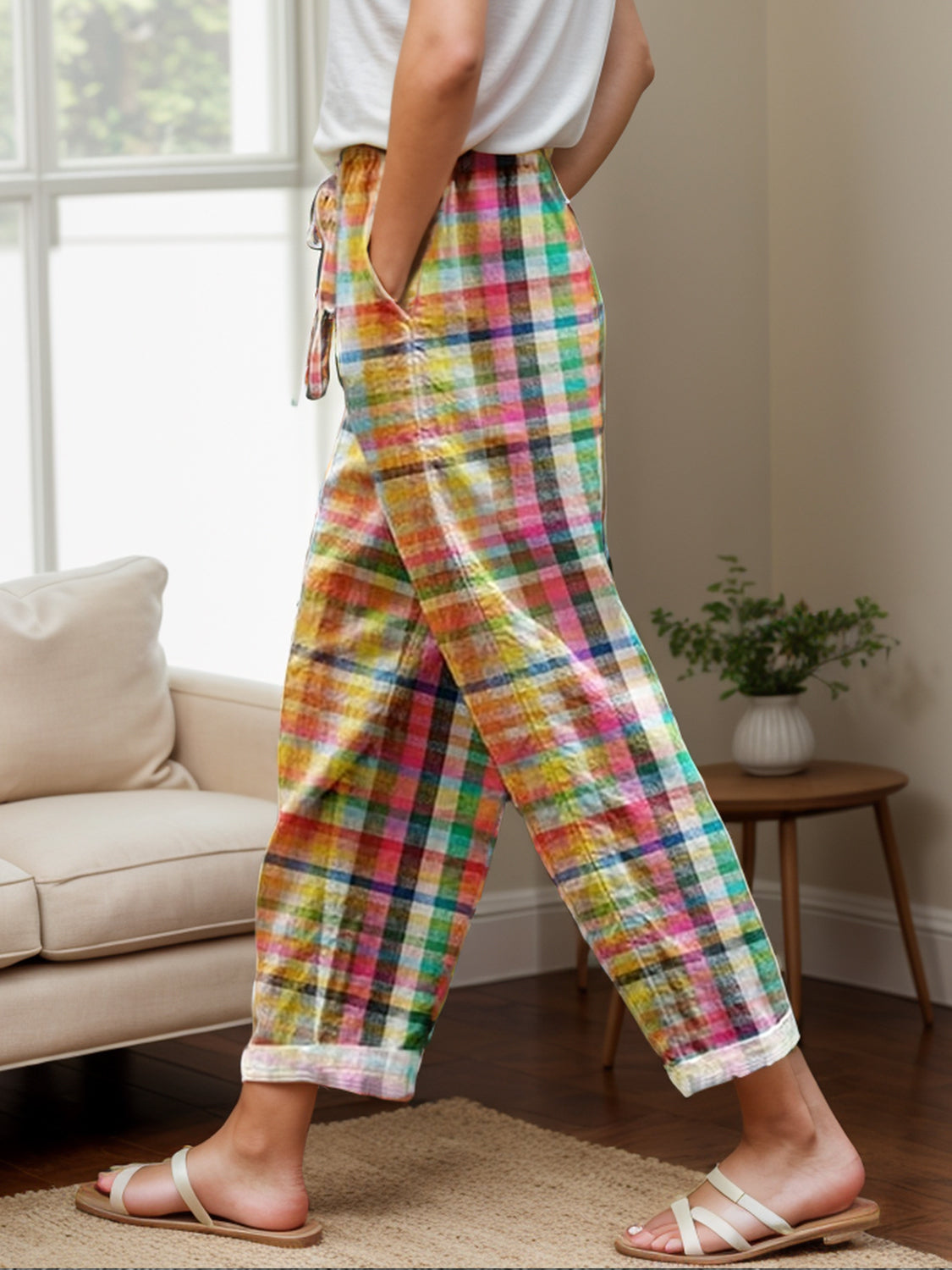 Calliste – Pantalon à carreaux taille élastique