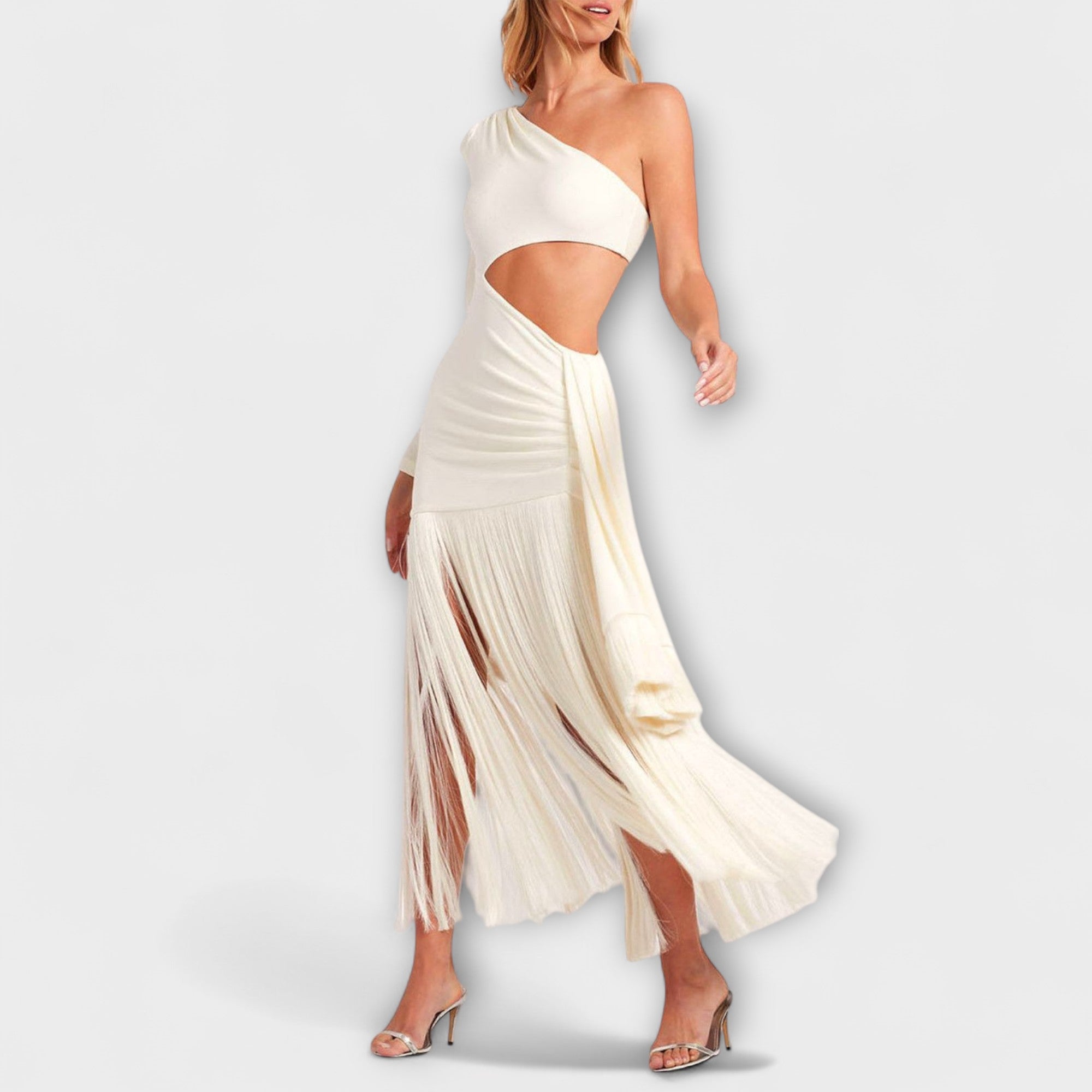Aurélie – Robe maxi à franges et découpes