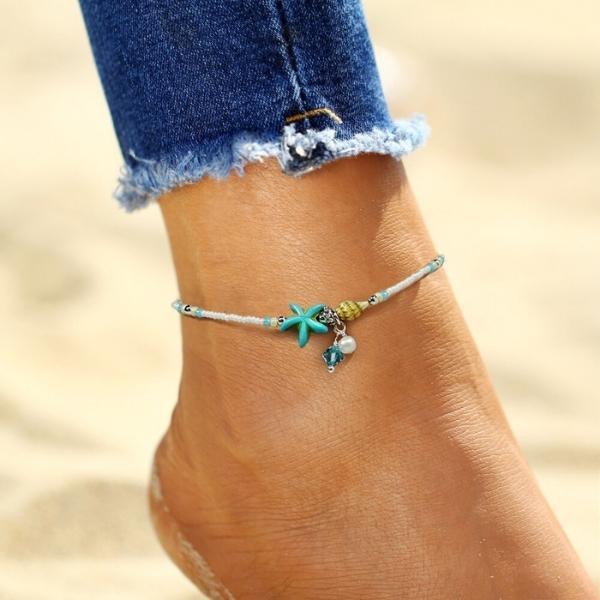 Néréalia – Bracelet de cheville avec étoiles, coquillages et pierres naturelles