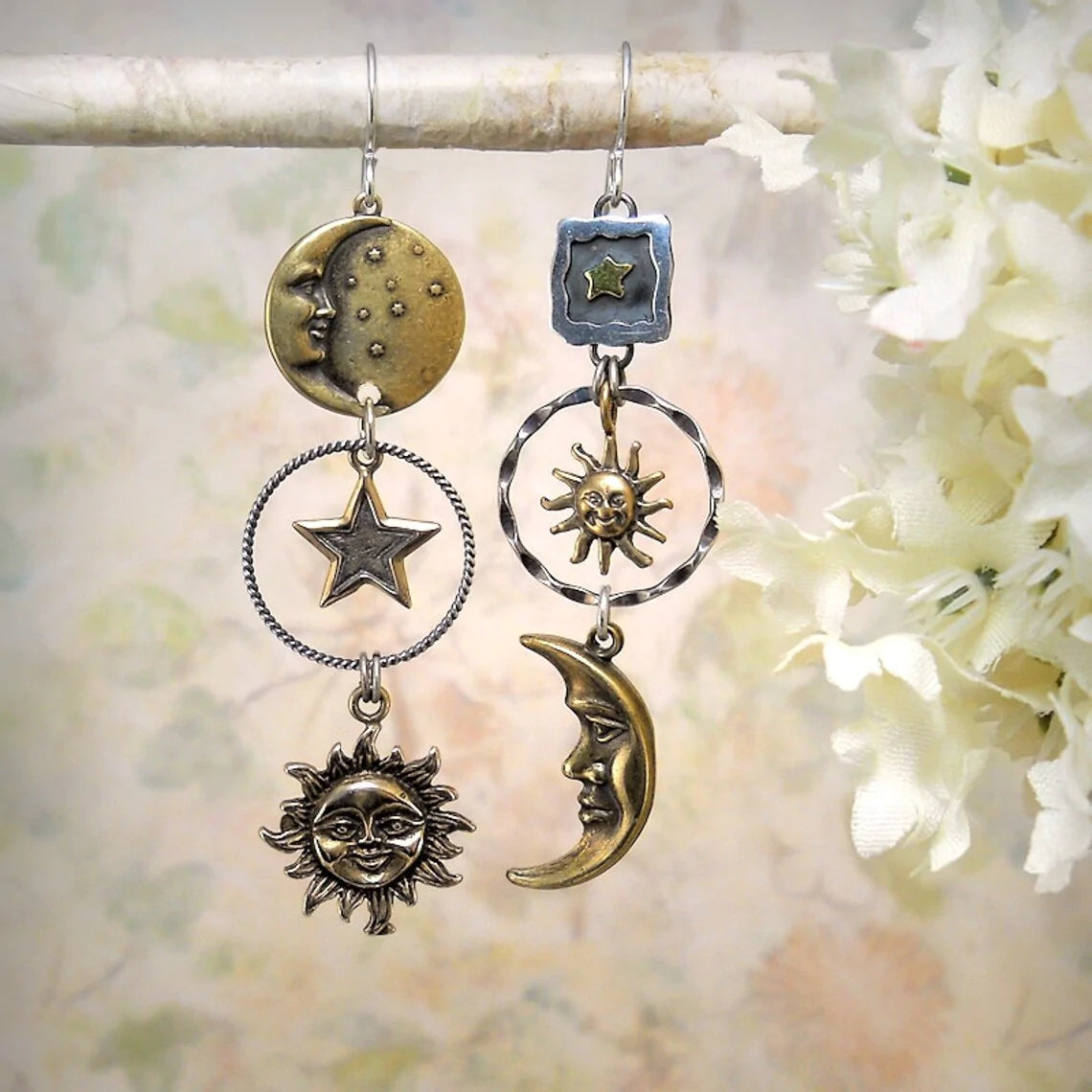 Solunéa – Boucles d’oreilles "Soleil, Lune, Étoiles"