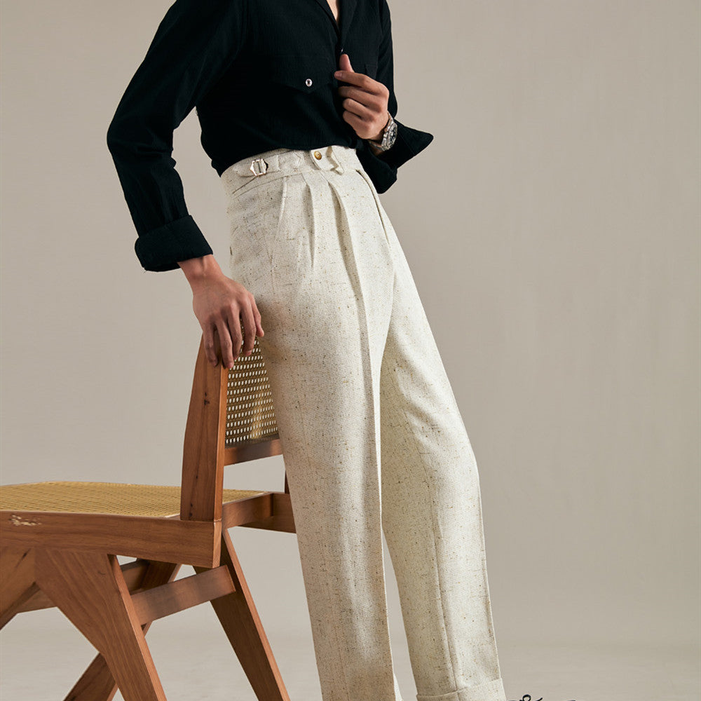 Brunello Linen Double Pleated Straight Fit Trousers