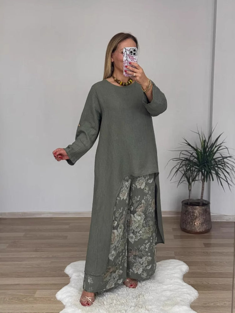 Évelyne – Ensemble haut manches longues et pantalon imprimé