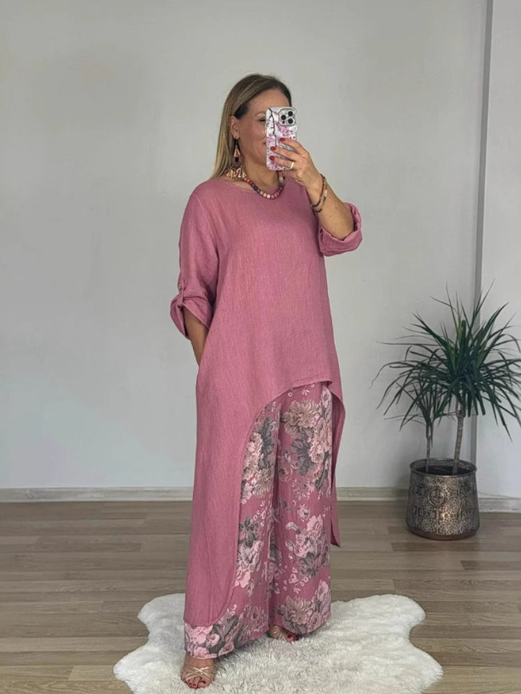 Évelyne – Ensemble haut manches longues et pantalon imprimé