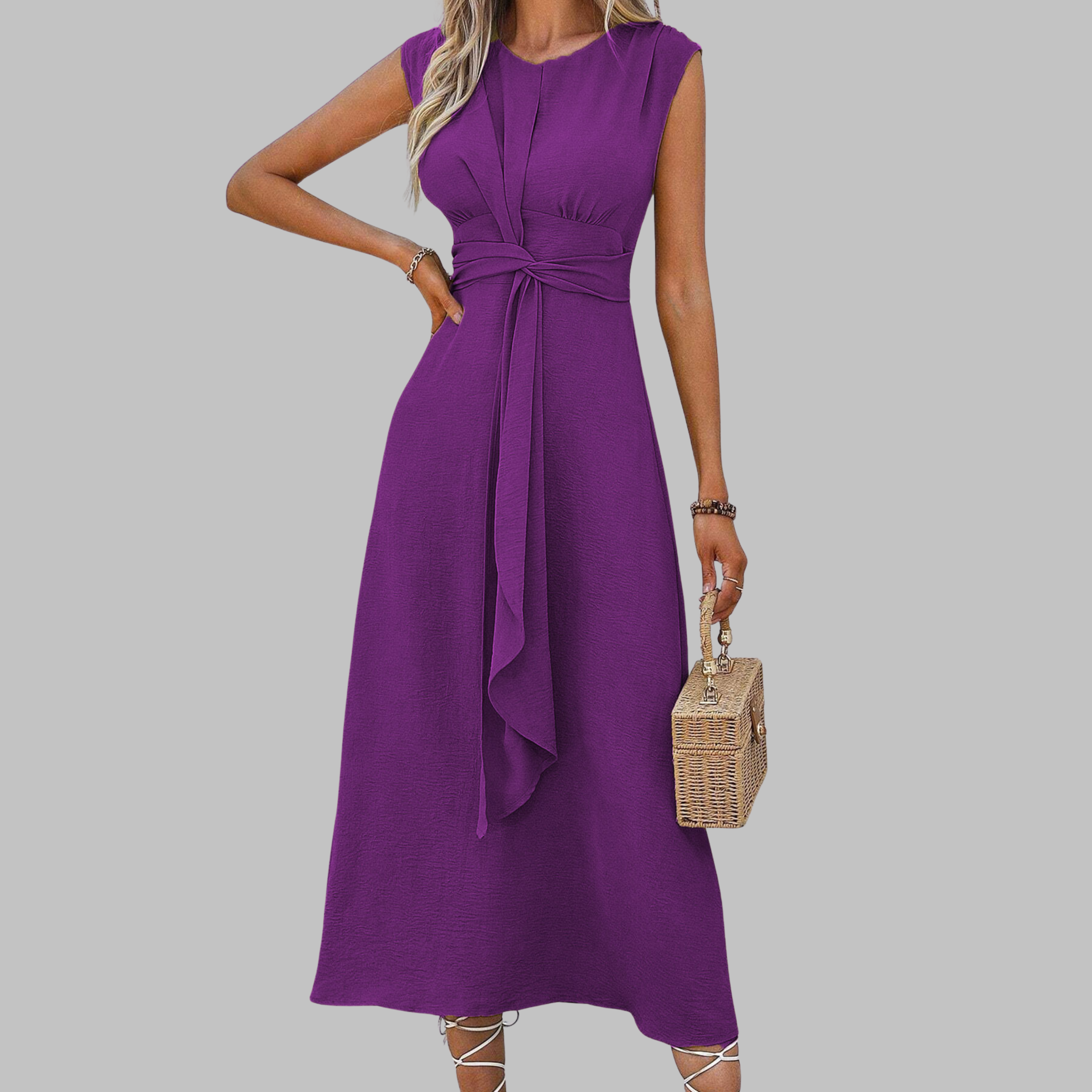 Anneline – Robe longue élégante sans manches à col rond
