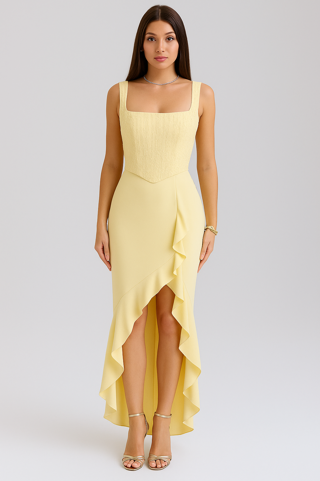 Amandine – Robe midi satinée à volants