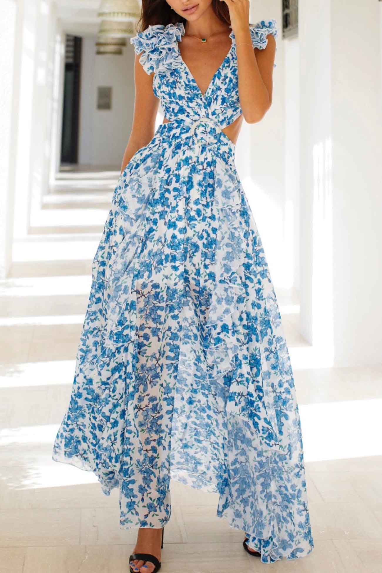 Roxane – Robe longue à volants et découpes