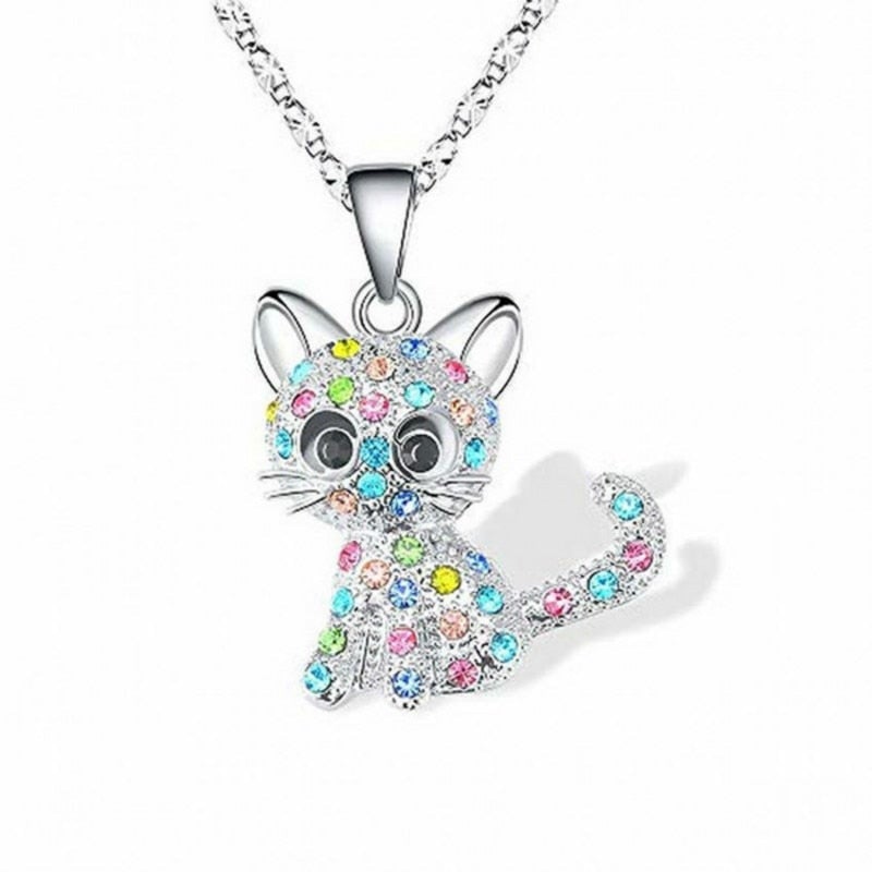 Félicirca – Collier en argent avec pendentif chat et pierres de zirconia colorées