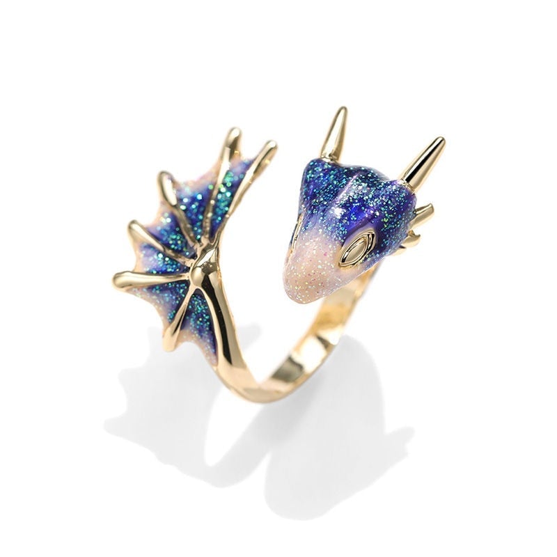 Maïlène - Bague dragon ajustable en argent avec émail peint à la main