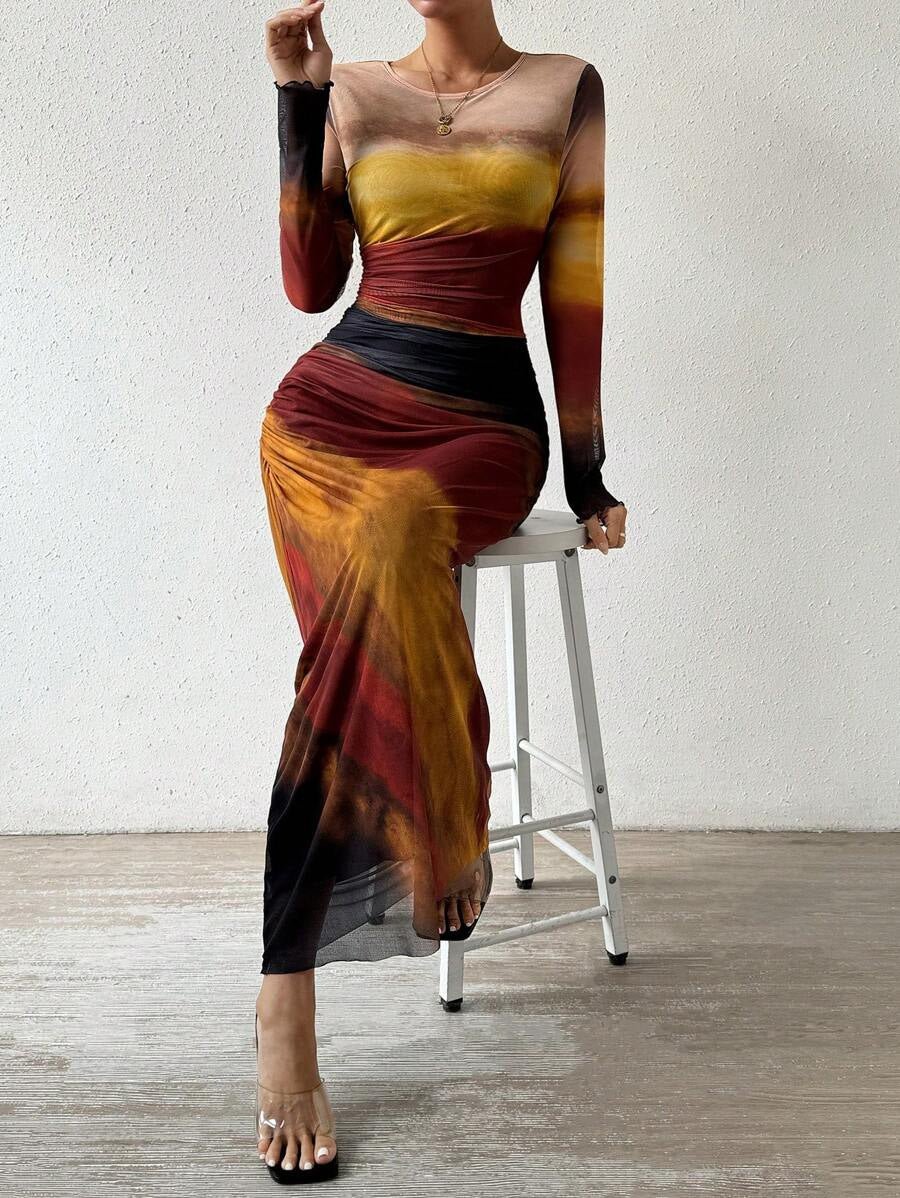 Margot – Robe longue moulante imprimée à manches longues