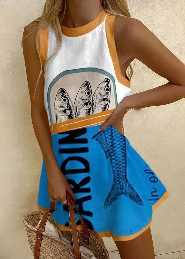 Élyane - Robe mini à imprimé bleu
