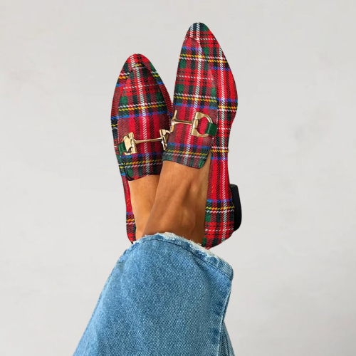 Mirelda - Mocassins tendance à bout pointu avec boucle métallique et imprimé à carreaux