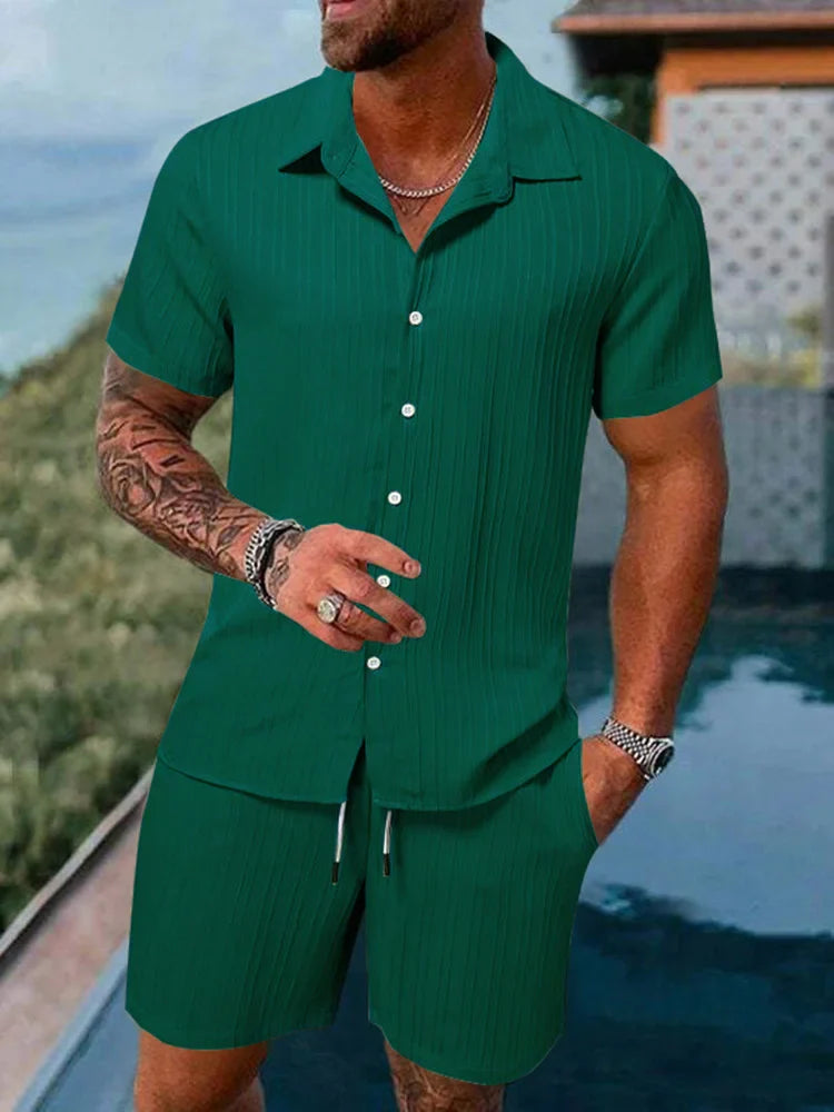 Le Havre™ - Costume chemise homme coton et lin uni rayé manches courtes
