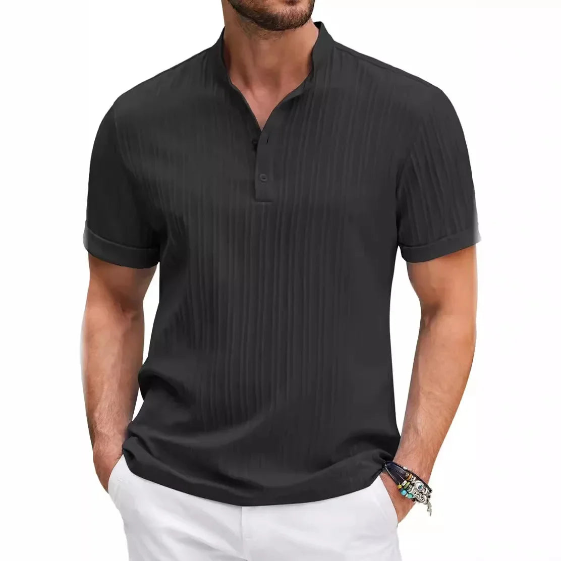 Angers™ - Nouveau Chemise Henry rayée en coton et lin brodé haut de gamme pour hommes été décontracté