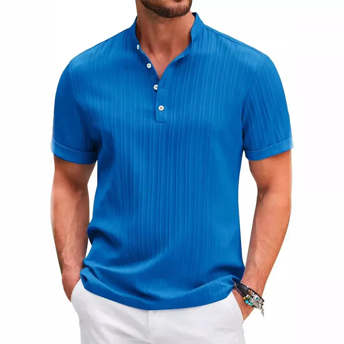 Angers™ - Nouveau Chemise Henry rayée en coton et lin brodé haut de gamme pour hommes été décontracté