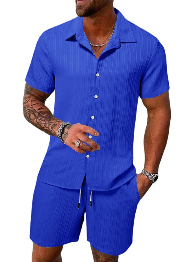 Le Havre™ - Costume chemise homme coton et lin uni rayé manches courtes