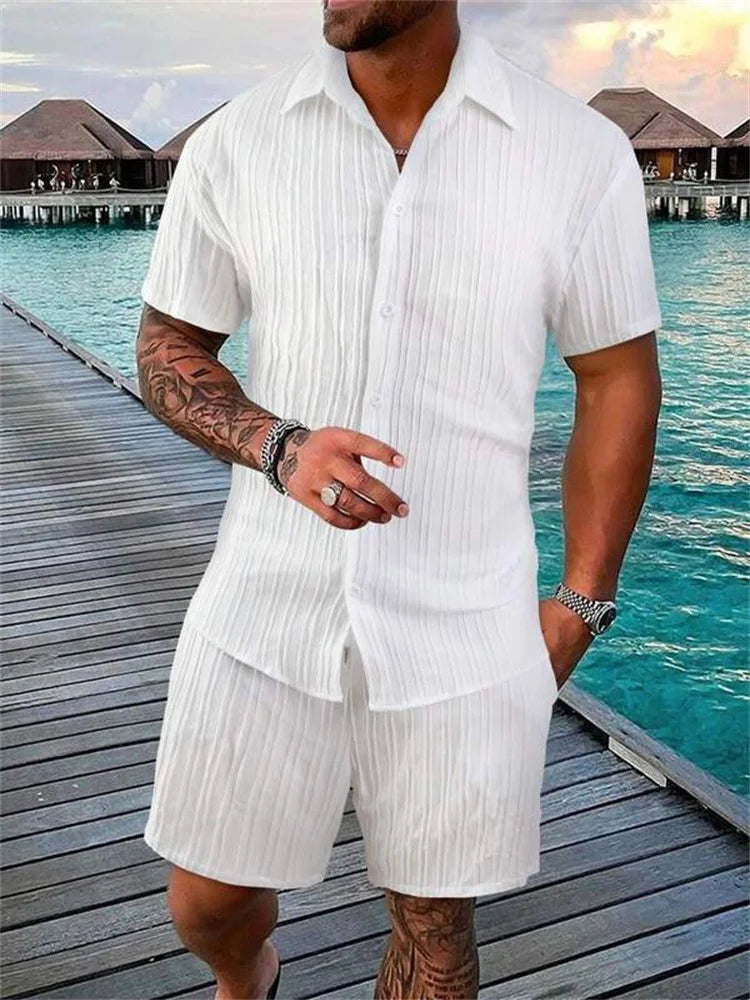 Le Havre™ - Costume chemise homme coton et lin uni rayé manches courtes