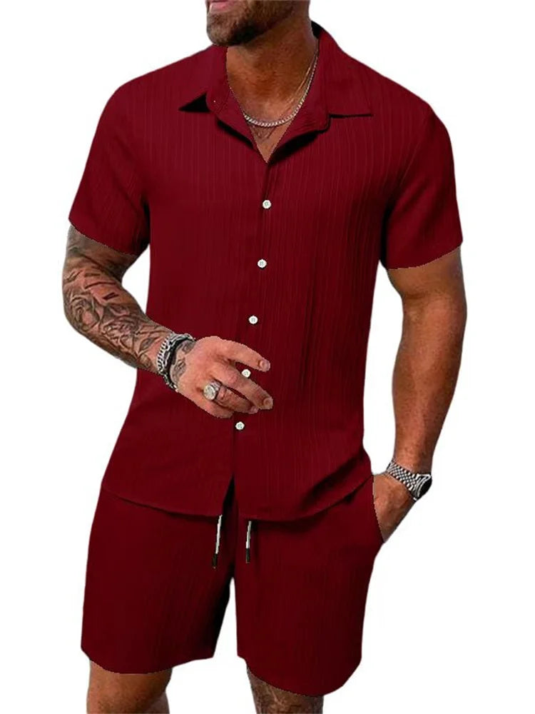 Le Havre™ - Costume chemise homme coton et lin uni rayé manches courtes