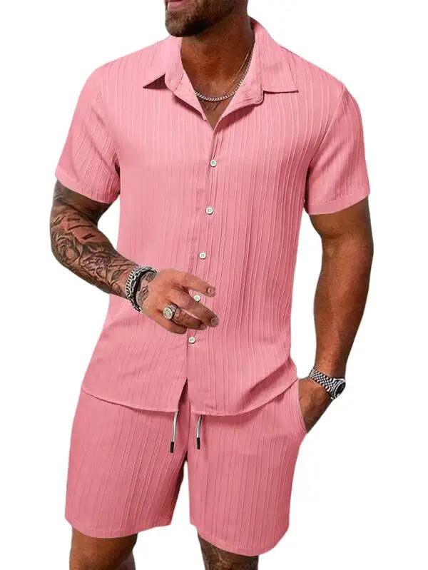 Le Havre™ - Costume chemise homme coton et lin uni rayé manches courtes