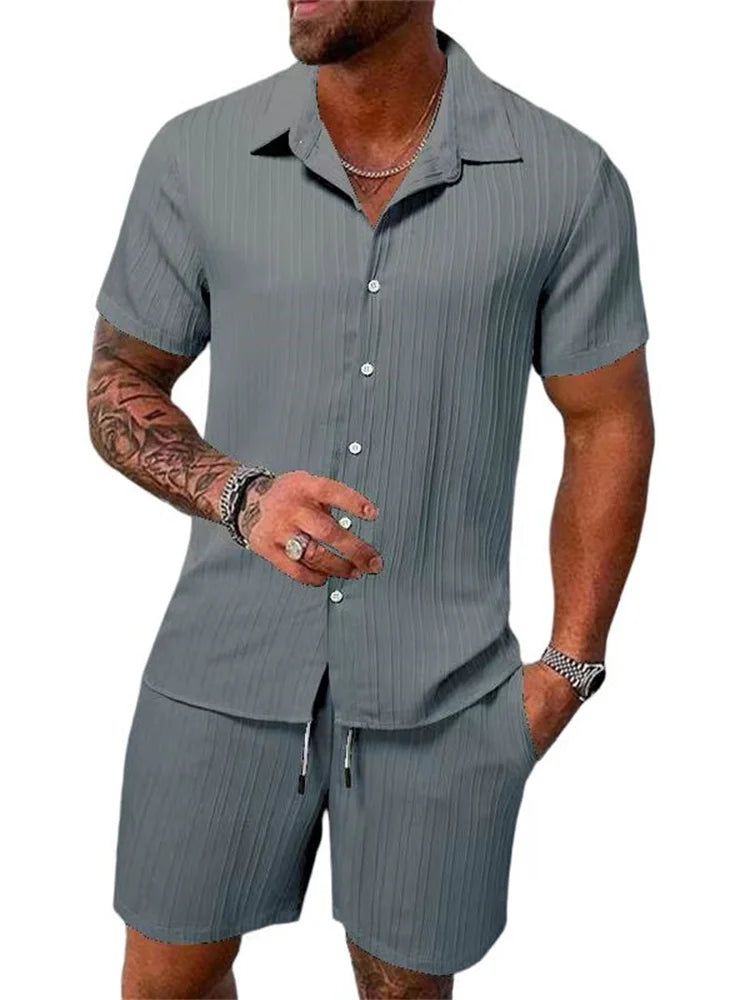 Le Havre™ - Costume chemise homme coton et lin uni rayé manches courtes