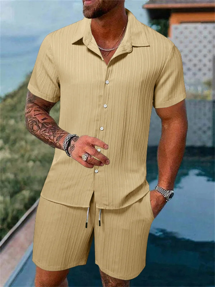Le Havre™ - Costume chemise homme coton et lin uni rayé manches courtes