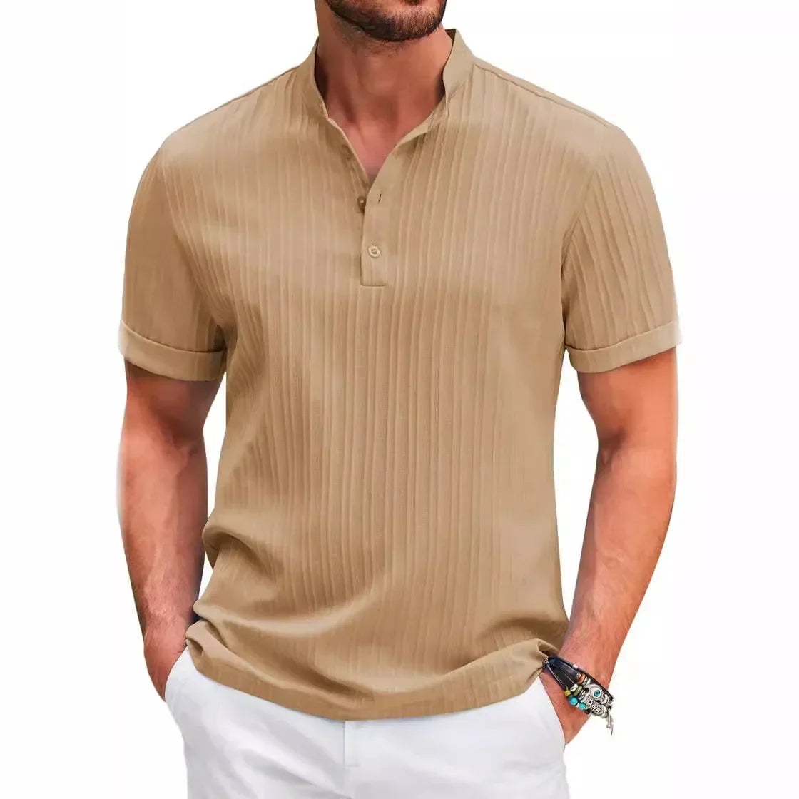Angers™ - Nouveau Chemise Henry rayée en coton et lin brodé haut de gamme pour hommes été décontracté