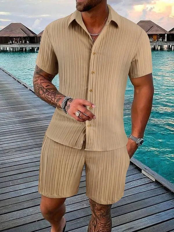 Le Havre™ - Costume chemise homme coton et lin uni rayé manches courtes