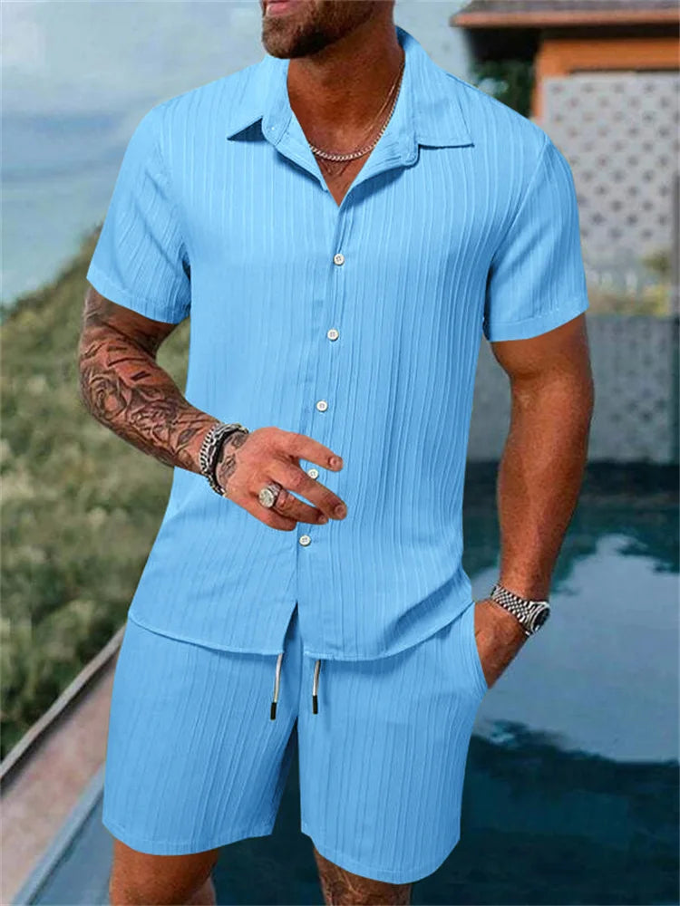 Le Havre™ - Costume chemise homme coton et lin uni rayé manches courtes