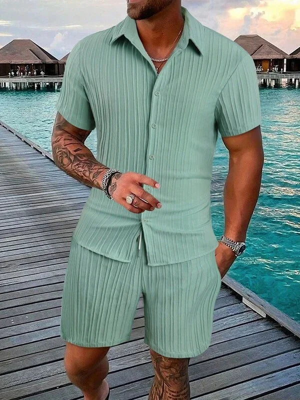 Le Havre™ - Costume chemise homme coton et lin uni rayé manches courtes